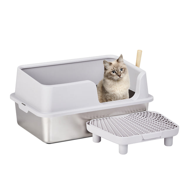 Stainless Steel Cat Litter Box With Lid, Extra Large Litter Pan With High Sides For Big Cats, Kitty Litter Box With Pedal Filter And Scoop, No Odor, Non-Sticky, Anti-Leakage, Easy Cleaning, Gray