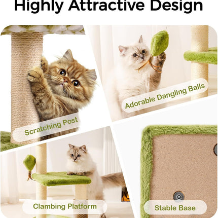 Mewoo Large Cat Tree Tower For Adult Cats - Multi-Level Scratching Post With Removable Perch & Interactive Toys, Indoor Cat Furniture For Kittens Green