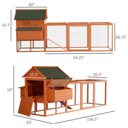 136.5" Chicken Coop Large Chicken House Deluxe Rabbit Hutch Lockable Poultry Hen Cage Backyard with Nesting Box and Run - LITTLE PAW