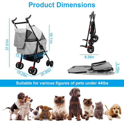 1Pc 4-Wheels Pet Stroller Foldable Carrier Strolling Cart Travel Jogger Pet Stroller With Removable Liner Storage Basket For Dog Cat