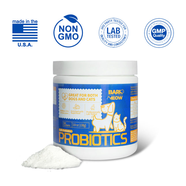 Bark And Meow Probiotics For Dogs & Cats  7 Tailored Strains  Prebiotics, Pumpkin & Carrot  5 Billion CFU Scoop Human-Grade Non-GMO, Vet-Approved Made In USA, Gut  Immune Support