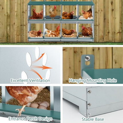 8 Compartment Chicken Nesting Boxes,For Laying Eggs, Metal Poultry Nest Box Wall Mount For Chickens, Hens, Large Vented Holes Chicken Coop Box