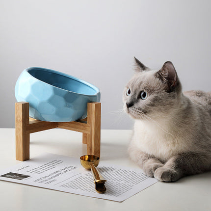 Oblique Mouth Wooden Stand Cat Bowl