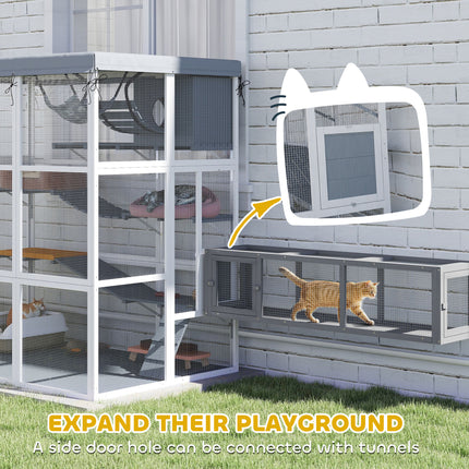 Large Outdoor Catio Cat Enclosure With Hammock, Condo,Platforms, Ladders, Ramps, Tarp, For 2-4 Large Cats, Gray