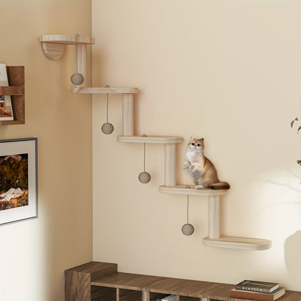DIY Modular Cat Climbing Wall With 4 Balls - Multi-level Indoor Cat Tree Furniture, Space-Saving Wall-Mounted Perch And Play Activity Center, Multi-Level Wooden Cat Climbing System