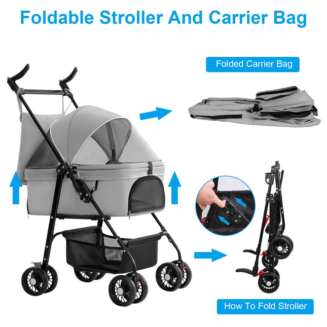 1Pc 4-Wheels Pet Stroller Foldable Carrier Strolling Cart Travel Jogger Pet Stroller With Removable Liner Storage Basket For Dog Cat