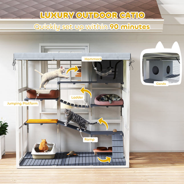 Large Outdoor Catio Cat Enclosure With Hammock, Condo,Platforms, Ladders, Ramps, Tarp, For 2-4 Large Cats, Gray