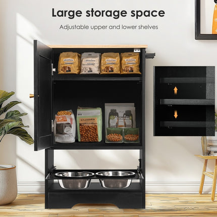 Feeding Station With 1 Locker, Pet Feeding Station With 2 Overhead Dog Bowls, Side Hooks, Anti-Tipping Kit, Concealed Pet Feeding Station For Feeding And Drinking, Black