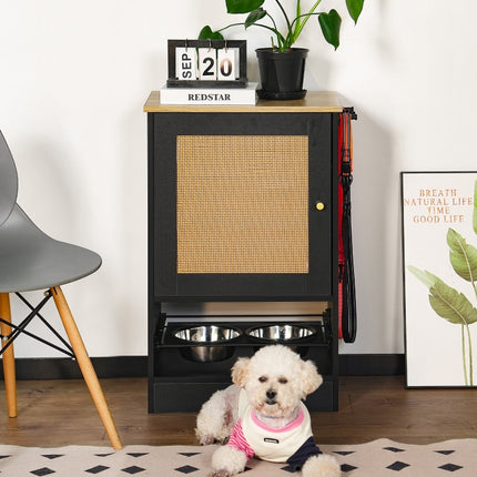 Feeding Station With 1 Locker, Pet Feeding Station With 2 Overhead Dog Bowls, Side Hooks, Anti-Tipping Kit, Concealed Pet Feeding Station For Feeding And Drinking, Black