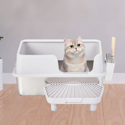 Stainless Steel Cat Litter Box With Lid, Extra Large Litter Pan With High Sides For Big Cats, Kitty Litter Box With Pedal Filter And Scoop, No Odor, Non-Sticky, Anti-Leakage, Easy Cleaning, Gray