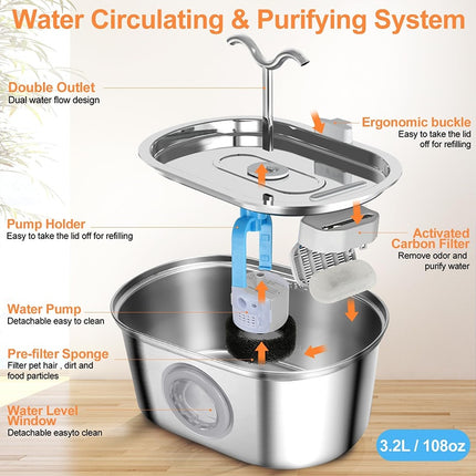 3.2L Cowhorn Model Pet Water Dispenser - Stainless Steel Automatic Water Fountain With 4 Replaceable Filters
