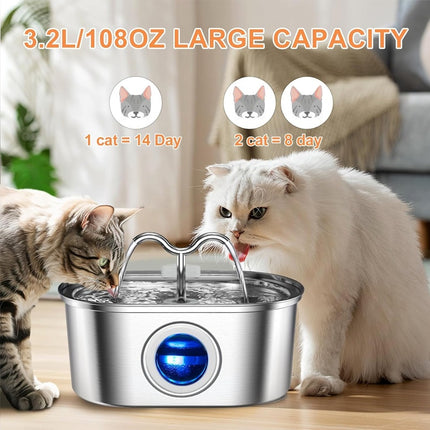 3.2L Cowhorn Model Pet Water Dispenser - Stainless Steel Automatic Water Fountain With 4 Replaceable Filters