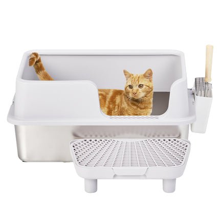 Stainless Steel Cat Litter Box With Lid, Extra Large Litter Pan With High Sides For Big Cats, Kitty Litter Box With Pedal Filter And Scoop, No Odor, Non-Sticky, Anti-Leakage, Easy Cleaning, Gray
