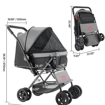 Pet Stroller Foldable 4 Wheels Travel Dog Stroller Reversible Handle Up To 44lbs