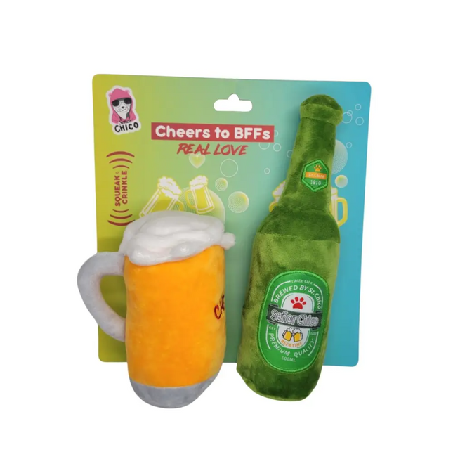 Beers-Cheers Plush Dog Toy Gift Set – with Squeaker & Crinkle Paper for Fun Play