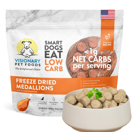Visionary Pet Foods freeze dried chicken medallions for dogs, low carb packaging with bowl.