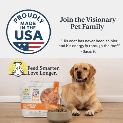 Yellow labrador with Visionary Pet Foods freeze dried dog food, bowl on wood floor, USA made seal.