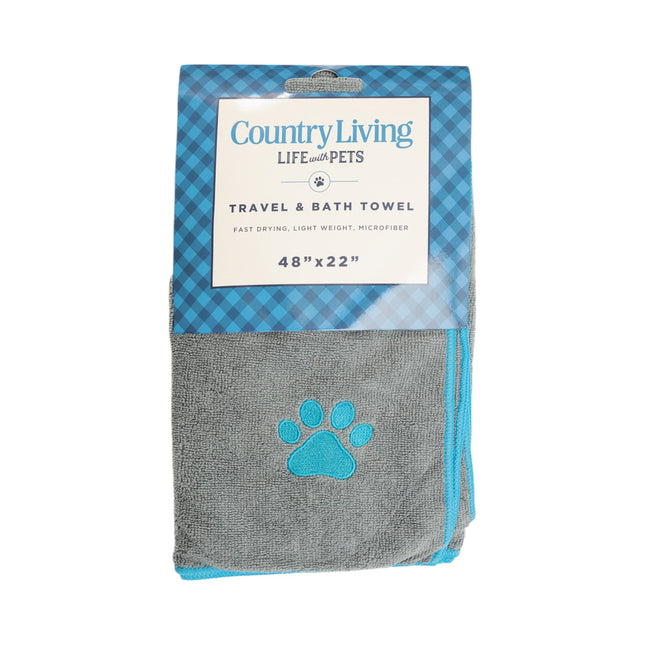 Country Living Large Gray Microfiber Dog Bath Towel with Teal Embroidered Paw Print