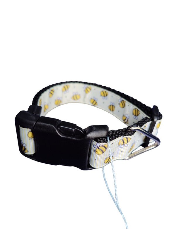 Yellow Bees Black Nylon Dog Collar MD, LG, XL, Leash