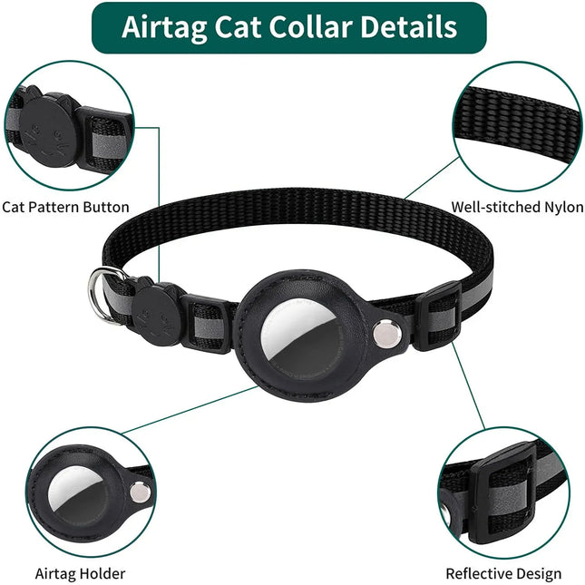 Cat AirTag Holder Collar – Adjustable Reflective Breakaway Kitten Collar with Bell & Waterproof AirTag Case