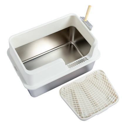 Stainless Steel With Plastic, Buckle Style With Shovel, Foot Pad, White Litter Box