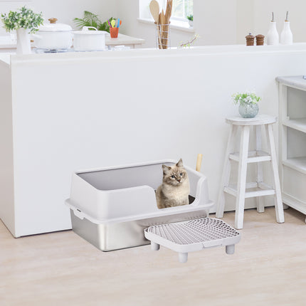 Stainless Steel Cat Litter Box With Lid, Extra Large Litter Pan With High Sides For Big Cats, Kitty Litter Box With Pedal Filter And Scoop, No Odor, Non-Sticky, Anti-Leakage, Easy Cleaning, Gray