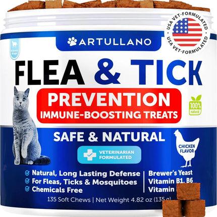 Flea Treatment For Cats Natural Flea And Tick Prevention Supplement For Cats Kittens Chewable Daily Oral Pills With Vitamins 135 Soft Chews Skin & Coat Dental Treats Digestion CANNOT Be Sold On Amazon