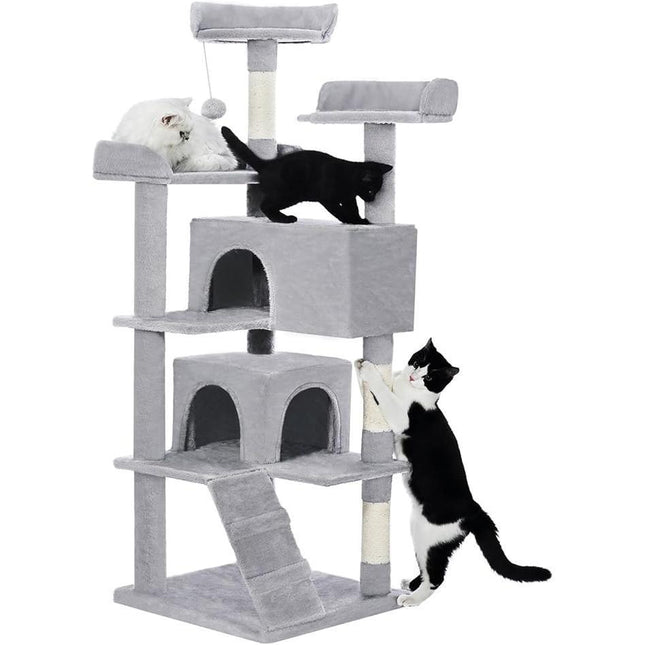 Made4Pets 56-inch Pet Cat Tree For Indoor Cats Multi-Level Cat Tree With 2 Apartments Cat Activity Center With Scratching Posts And Toys Light Gray