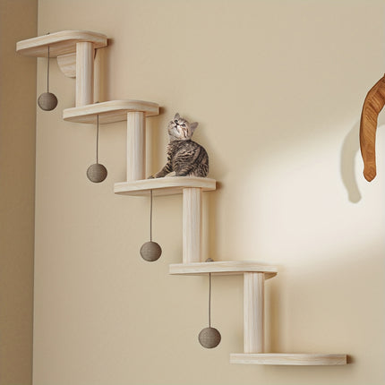 DIY Modular Cat Climbing Wall With 4 Balls - Multi-level Indoor Cat Tree Furniture, Space-Saving Wall-Mounted Perch And Play Activity Center, Multi-Level Wooden Cat Climbing System