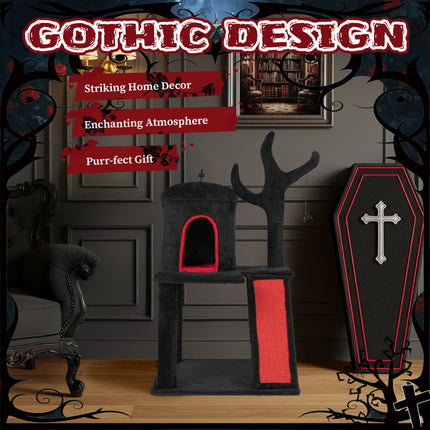 Gothic Cat Tree, Halloween Cat Tower Cat Tree With Spacious Cat Condo, Brach Shaped Scratching Post, Scratching Ladder, Spider Toy For Indoor Cats, Red & Black