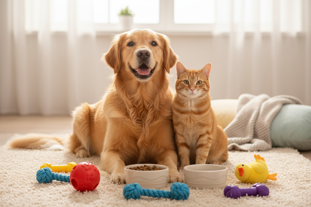dog and cat with toys and food image