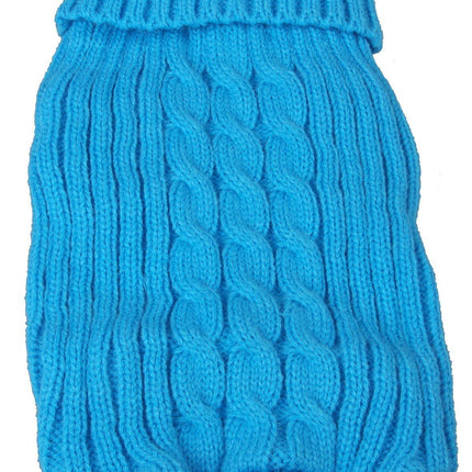 Bright blue ribbed dog sweater with cable knit design from LITTLE PAW pet clothing collection