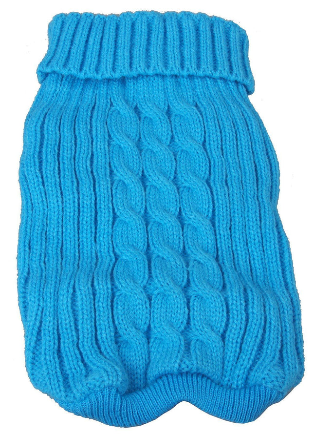 Bright blue ribbed dog sweater with cable knit design from LITTLE PAW pet clothing collection