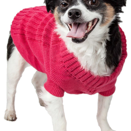 Small dog in a bright pink ribbed cotton sweater, white background, LITTLE PAW pet fashion