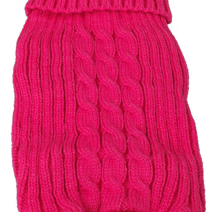 Bright pink ribbed cotton dog sweater with a thick cable knit pattern, Little Paw pet fashion.
