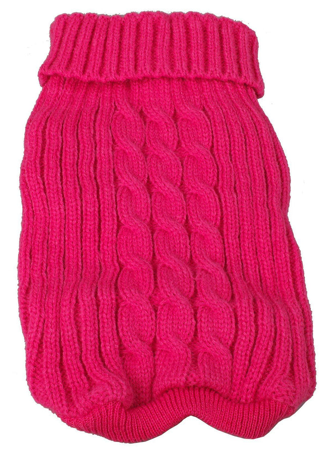 Bright pink ribbed cotton dog sweater with a thick cable knit pattern, Little Paw pet fashion.