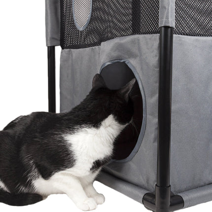Pet Life ® 'Kitty-Square' Collapsible Travel Interactive Kitty Cat Tree Maze House Lounger Tunnel Lounge
