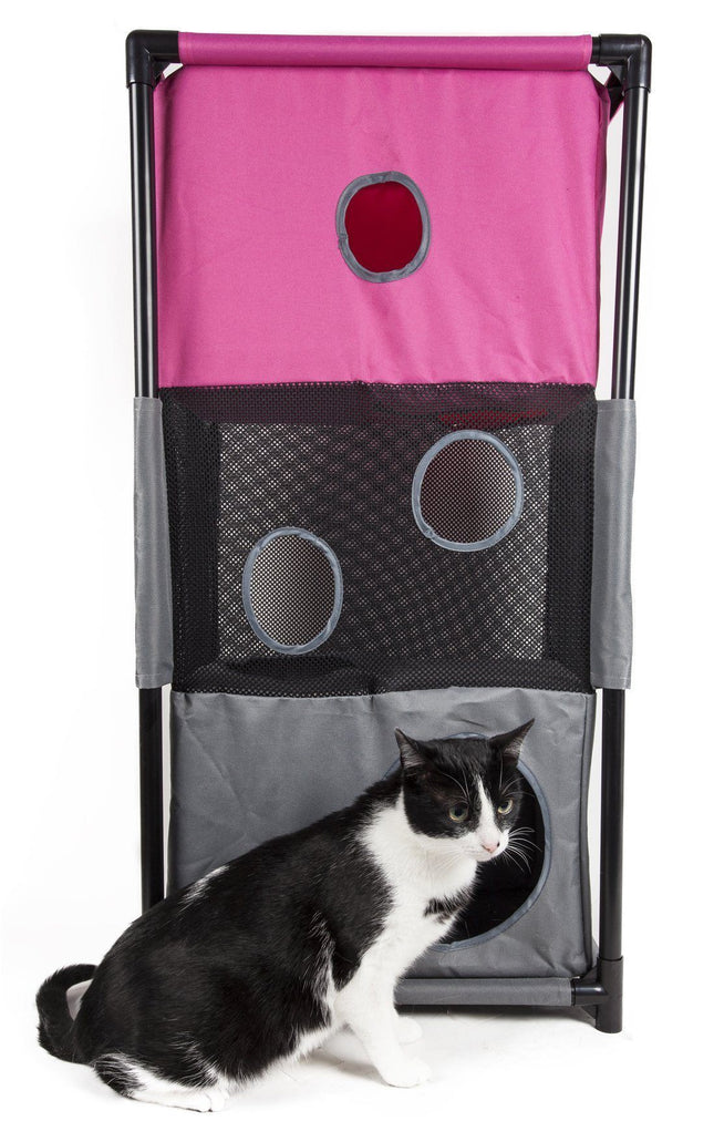 Pet Life ® 'Kitty-Square' Collapsible Travel Interactive Kitty Cat Tree Maze House Lounger Tunnel Lounge
