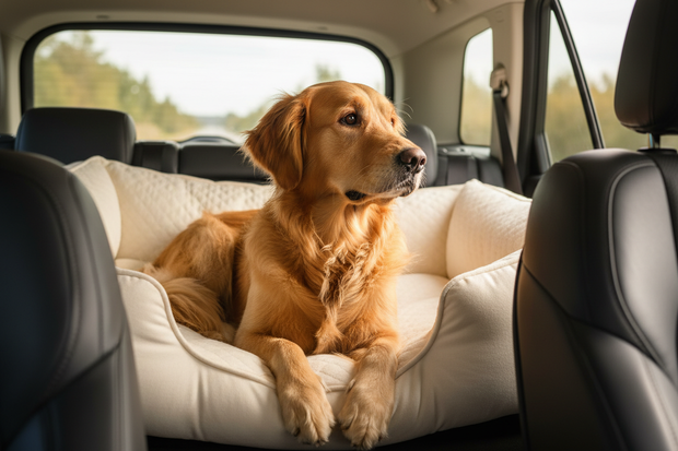 show another dog with a dog car bed